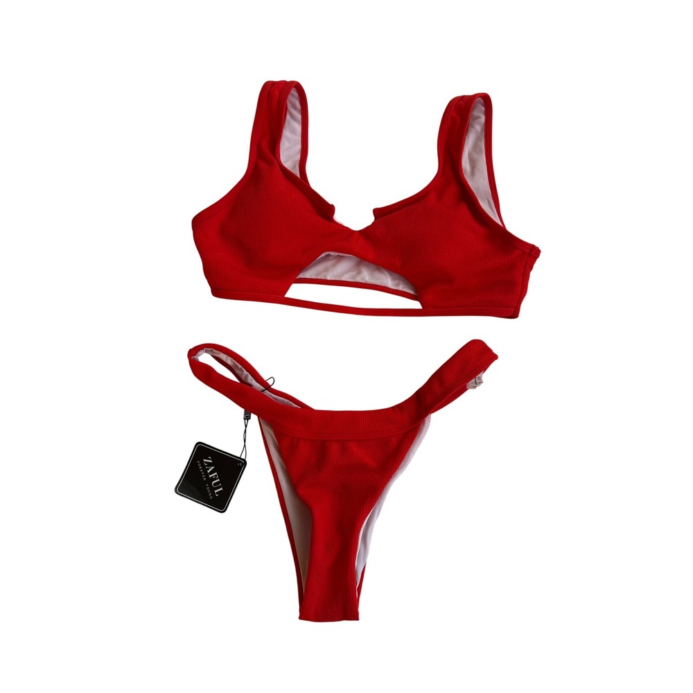 NWT Zaful Red Ribbed Cutout Bikini Set High Cut Cheeky Swimsuit Size 8